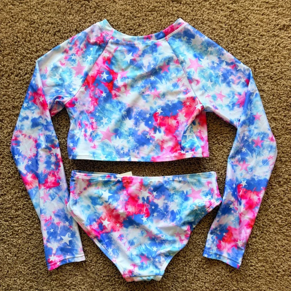 Cat & Jack Patriotic Tie Dye Stars Rash Guard Bikini Swim Bathing Suit XL 14 NWT